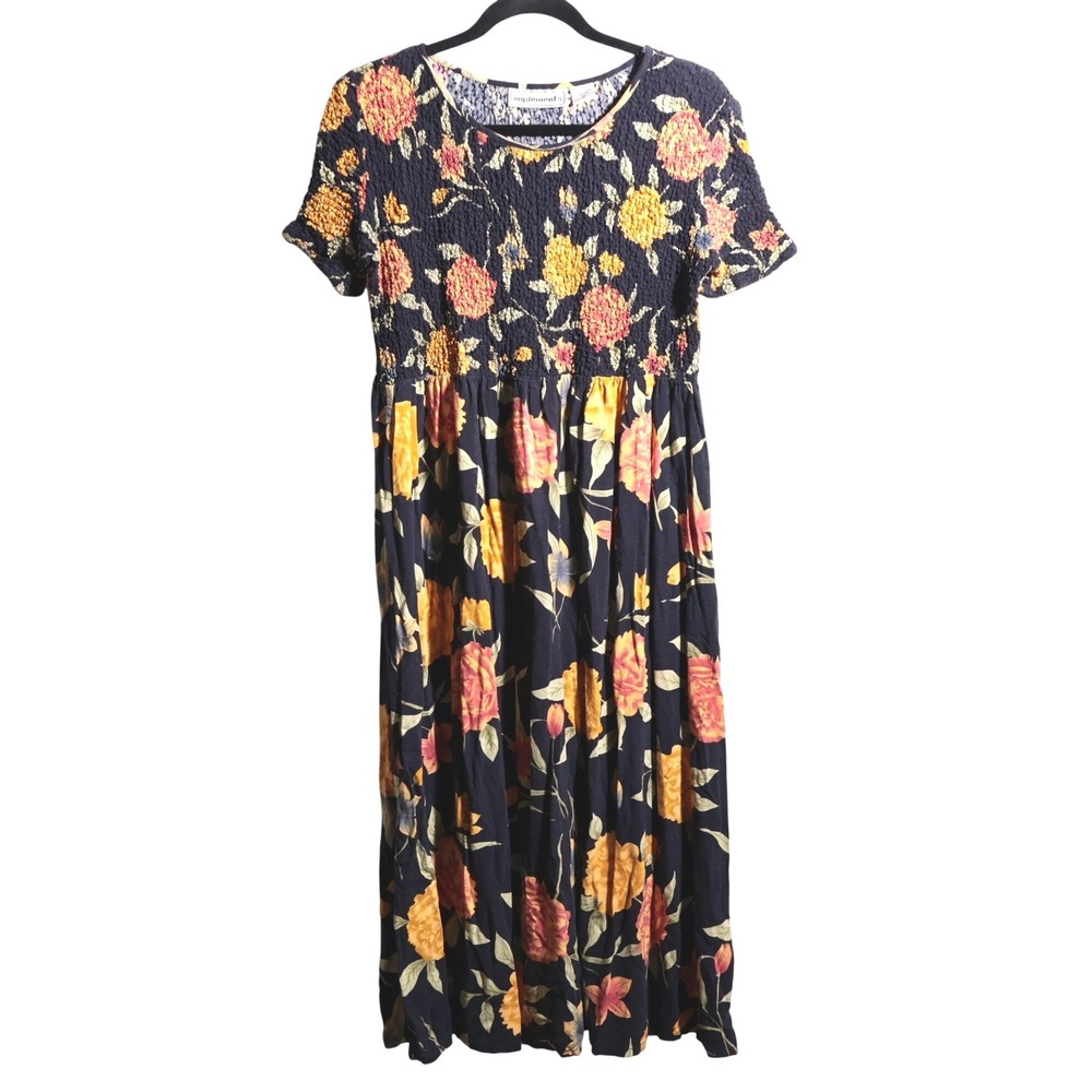 VTG Floral Smocked Bodice Rayon Midi Shirt Dress Navy Blue M Fairy Grunge SEE